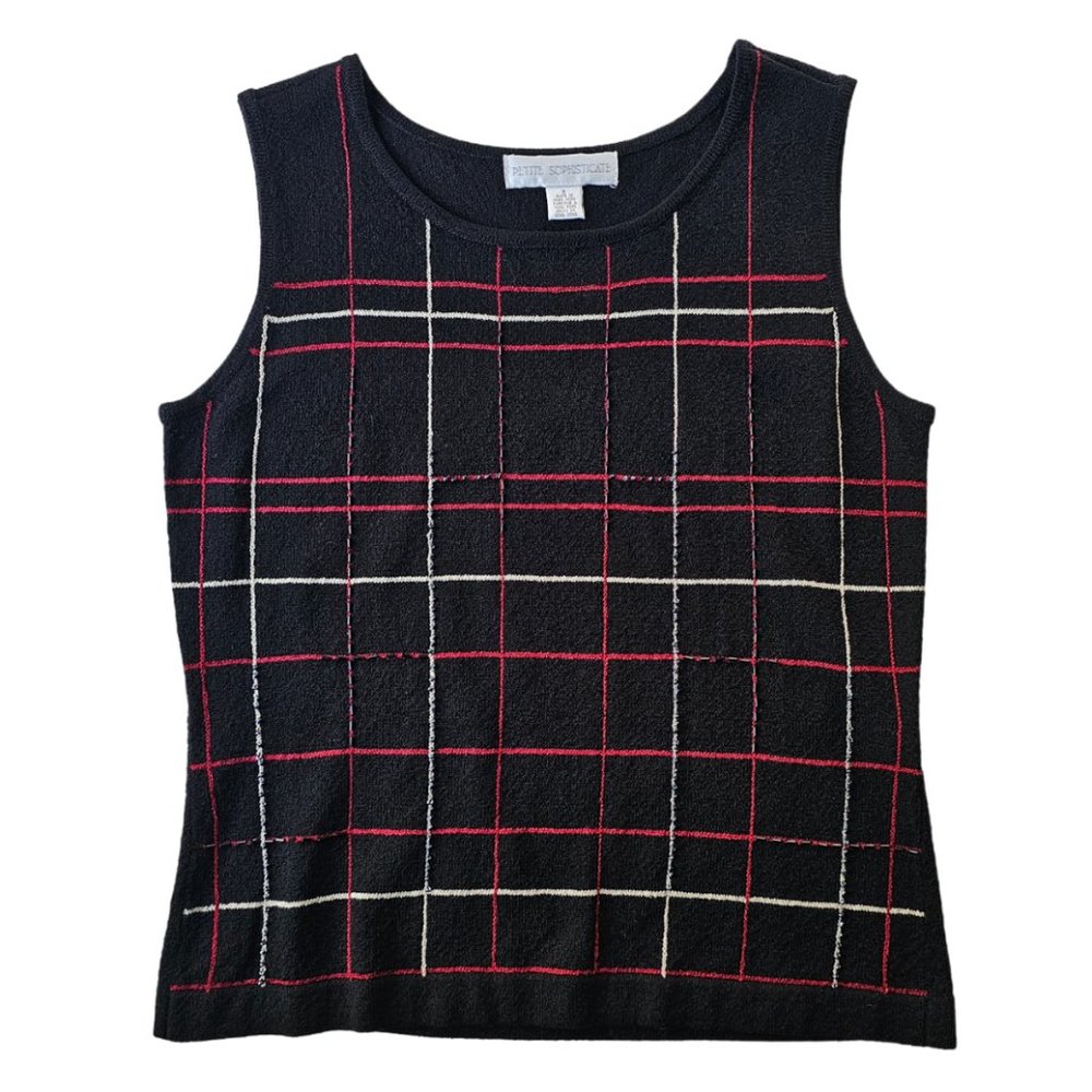 Petite Sophisticate Plaid Scoop Neck Knit Top Vest | NWOT | SP | Blk Red Cream - Picture 2 of 16